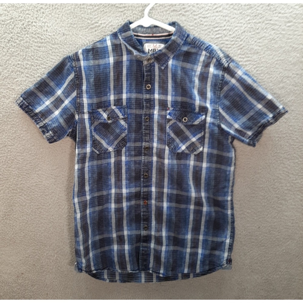 MBX Shirt Adult Medium Blue Gray Plaid Slim Fit Western‎ Rodeo Rancher Cowboy